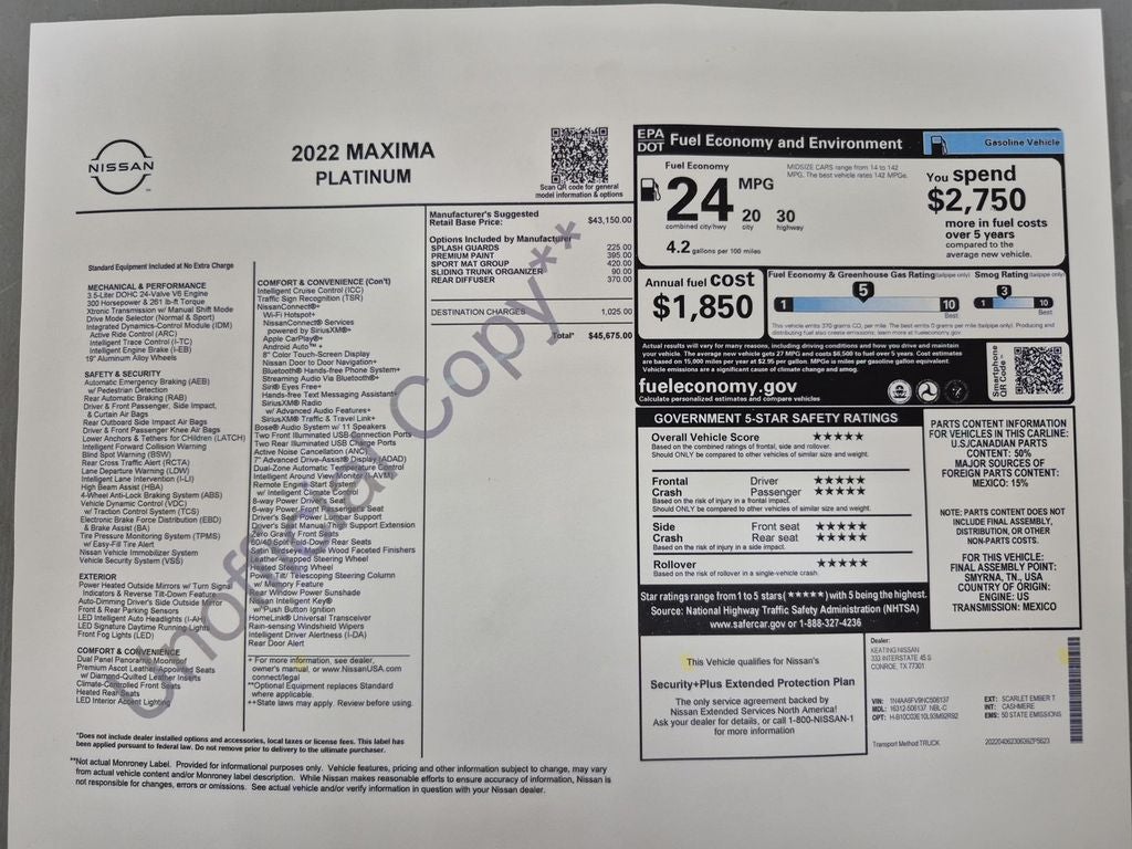 2022 Nissan Maxima Platinum Xtronic CVT