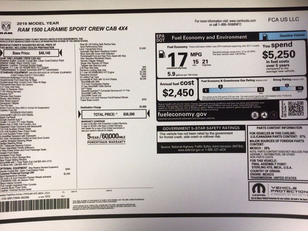 2019 RAM 1500 Laramie Crew Cab 4x4 5'7" Box